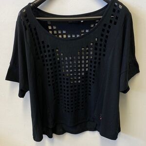 Fox Black Short Sleeve Top, t shirt with Grid Cut-Outs, size M, in good cond.
